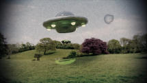 A still from Skitchy's animation footage: a flying saucer over a park
